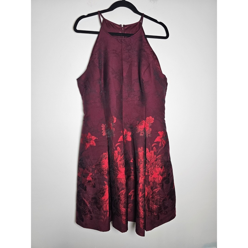Floral Jacquard White House Black Market Fit Flare Dress Womens 12 Burgundy Red